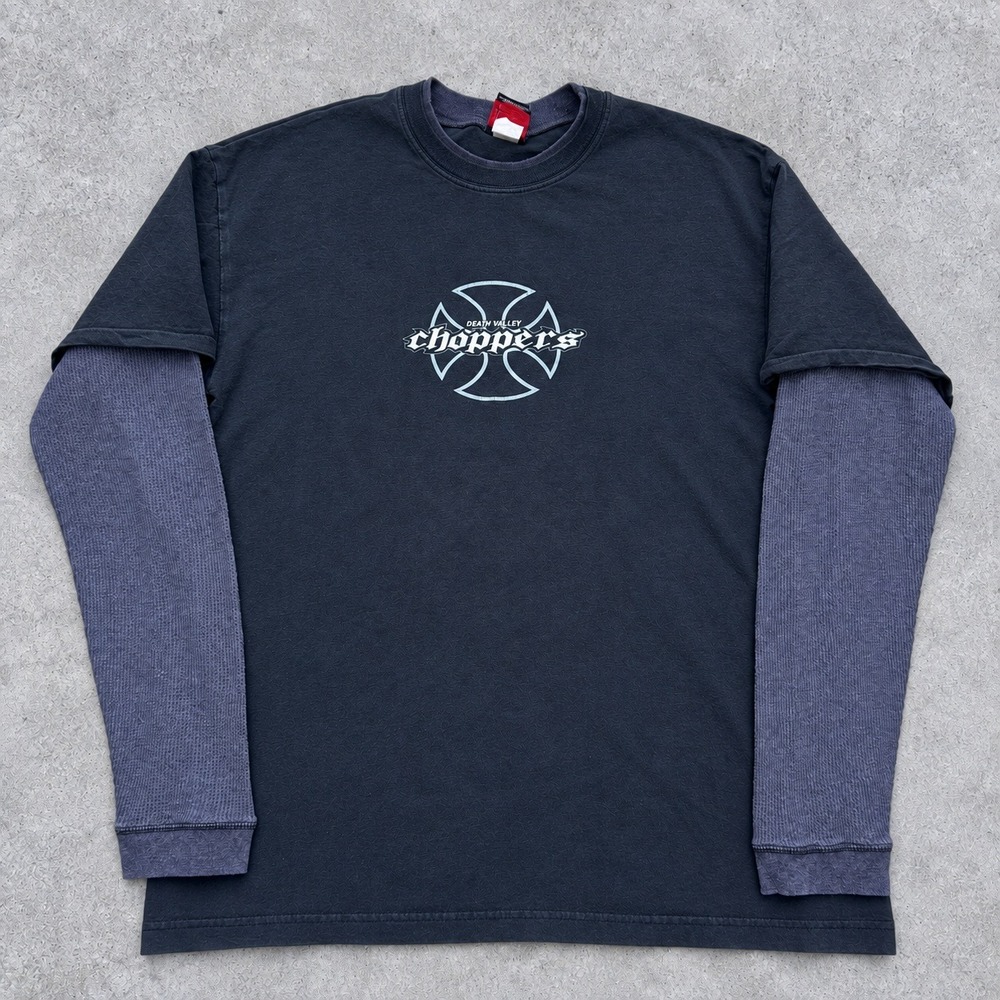 Vintage 90s Death Valley Choppers Layered Thermal Graphic Shirt XL Black y2k